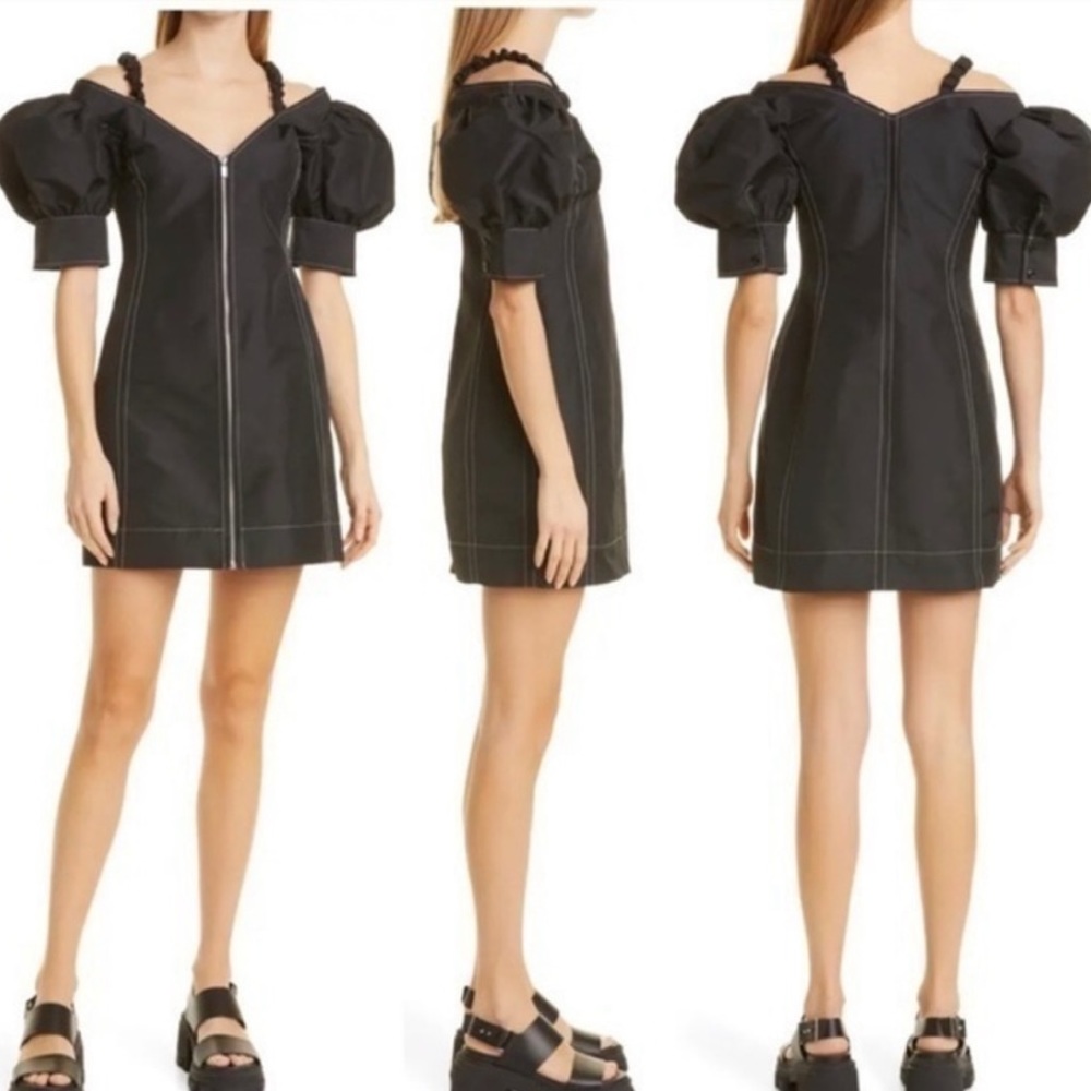 GANNI Taffeta Puff Sleeve V Neck Front Zipper Topstitched Black Mini dress